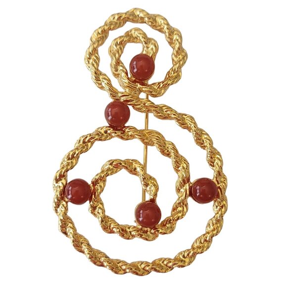 Avon Musical Treble Clef S-Shape Faux Carnelian Stone Brooch, Signed E684 - Picture 2 of 11
